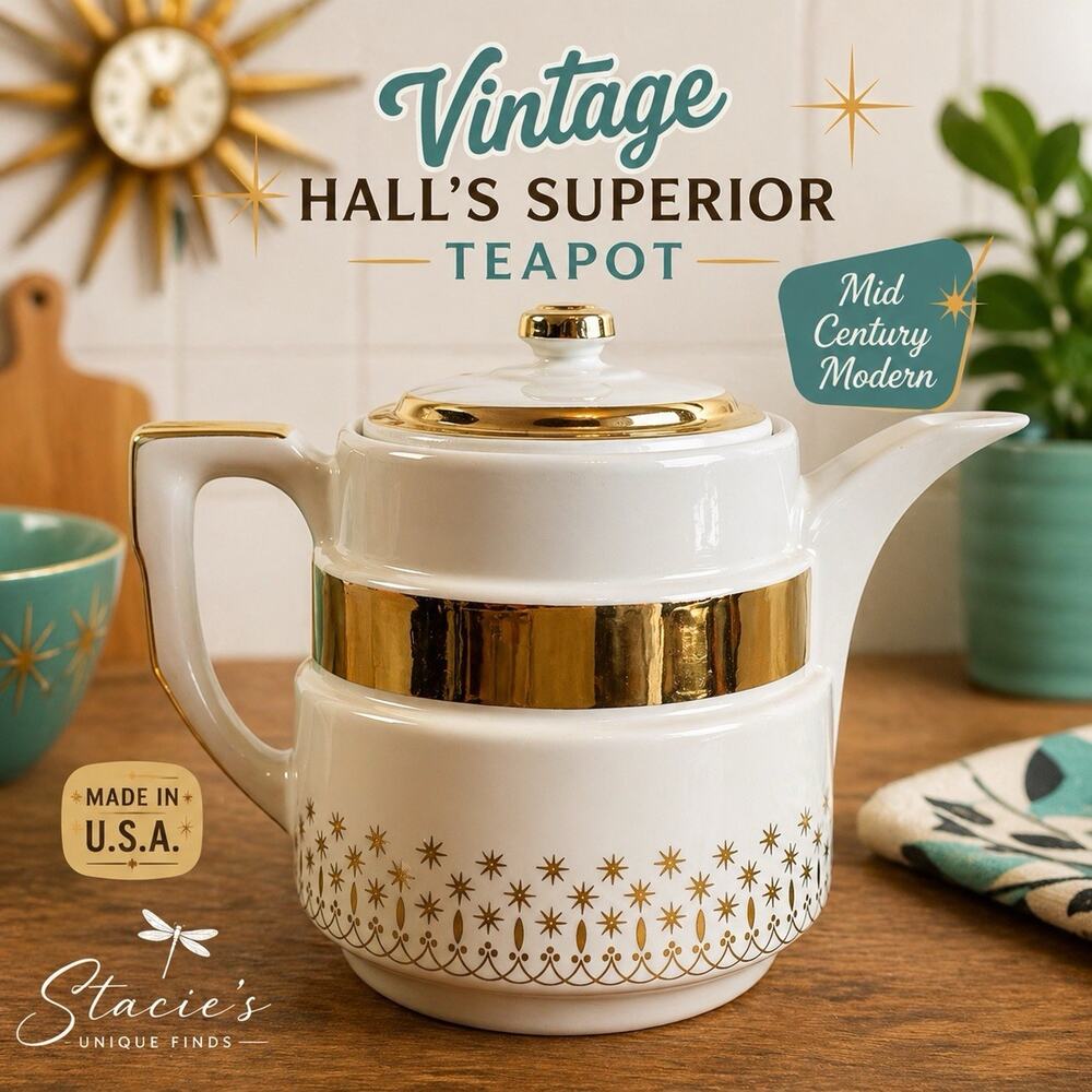 Hall China USA Flare Ware "GOLD LACE" Coffee Tea Pot Gold Trim Atomic Stars MCM